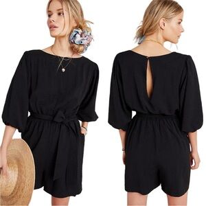 Anthropologie Balloon Puff Sleeve Romper Sz Small Black Tie Belted Waist